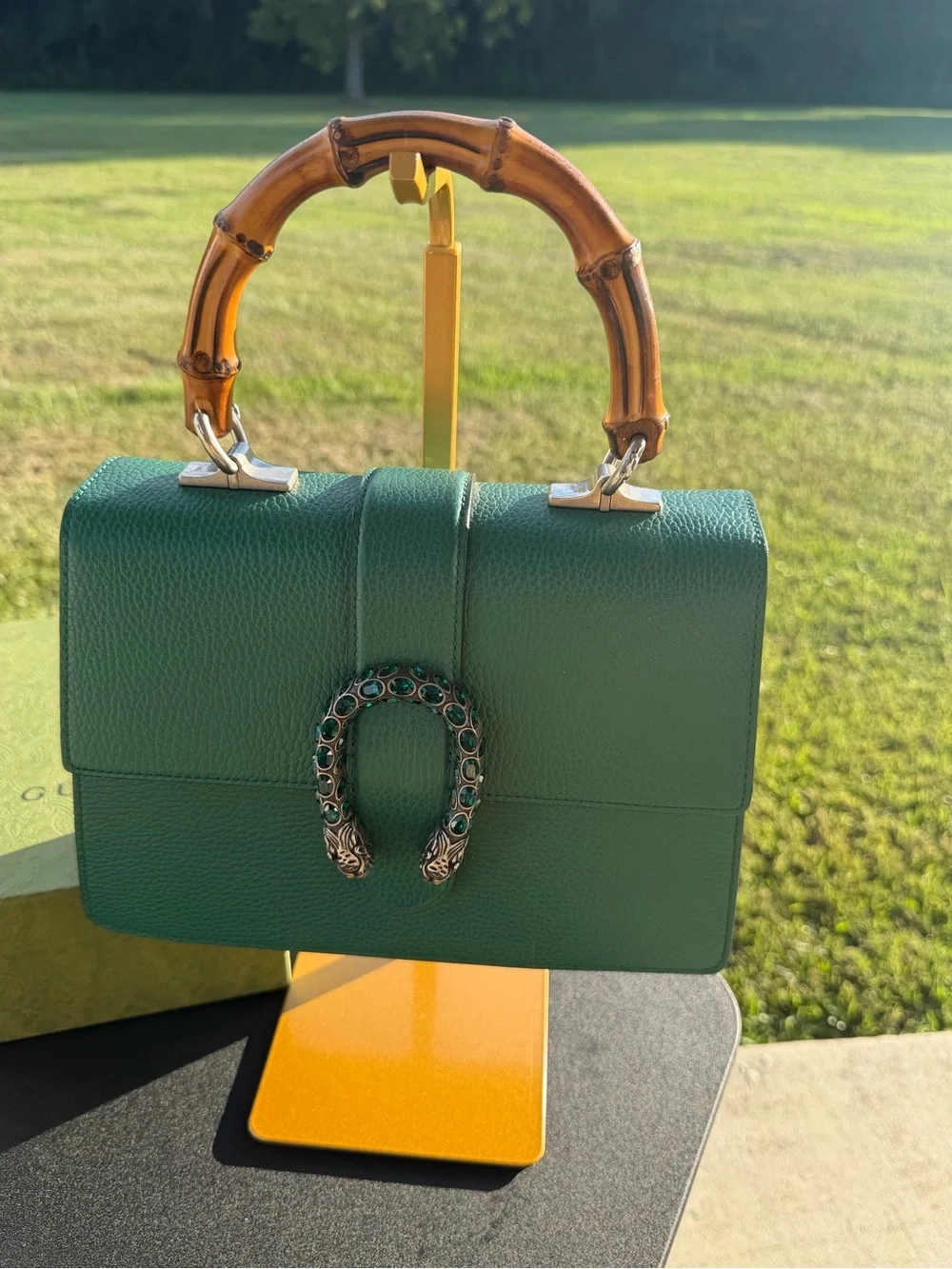 Gucci Emerald Green Leather Top-Handle Satchel with Bamboo Handles
